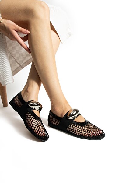 FOLLİNİ Γυναικείες μπαλαρίνες από μαύρο γνήσιο δέρμα με διχτυωτό πλέγμα