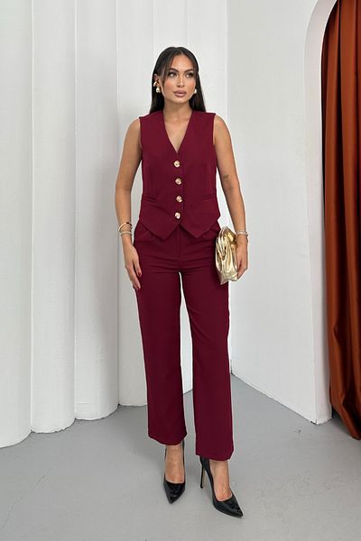 spirituel Women's Top Bottom Set Stylish Gold Button Detailed V Neck Vest Pants Set