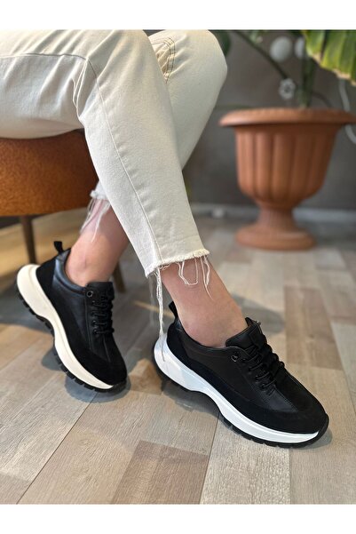 Hermones حذاء رياضي نسائي من الجلد الطبيعي باللون الأسود من SOHO مزين بأربطة ...