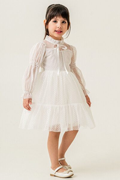 Eray Kids Kız Çocuk Abiye Elbise Puanlı Dantel Büzgülü Arkası Fiyonk Detaylı ...