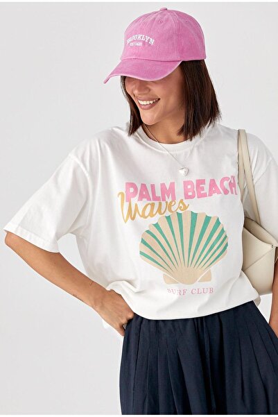 CADDELAMODA Γυναικείο μπλουζάκι με στάμπα Palm Beac Oversize