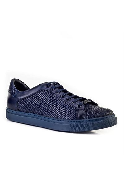 Cabani Genuine Leather Navy Blue Lace-Up Men's Casual Shoes