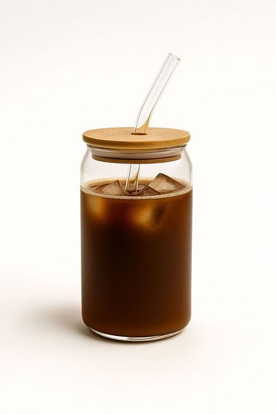 ERKUGO Borosilicate Presentation Cup with Bamboo Lid and Straw, Coffee Cup, Heat Resistant Cup (600 ml) Coollime