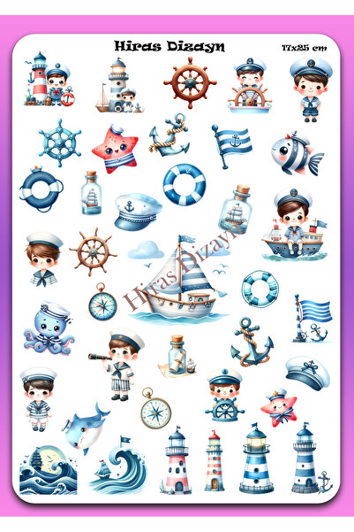 Hiras Dizayn 17x25cm Büyük Boy Denizci Kaptan Çocuk Etiket Sticker Sayfa 38ad...