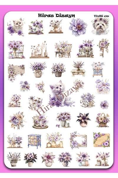 Hiras Dizayn 17x25cm Büyük Boy Pembe Mor Çiçekler Etiket Sticker Sayfa 40adet...