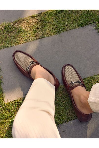 Cabani Men's Loafer - 100% Genuine Leather, Brown, Knitted Detail