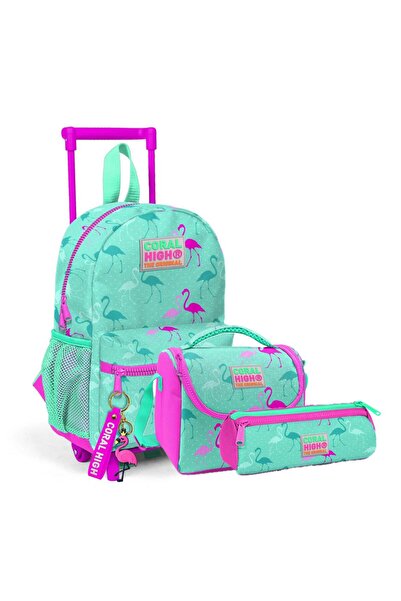 Coral High Kıds Su Yeşili Flamingo Desenli Iki Bölmeli Çekçekli Anaokul Çanta...