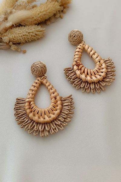COSİTA Straw Water Drop Oversized Tassel Coffee Summer Dress Bag Combination Dangle Earrings