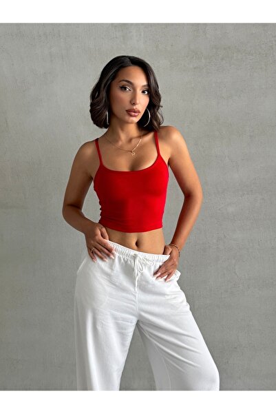 The Base Kadın Kırmızı Scuba Kumaş Ip Askılı Crop Top