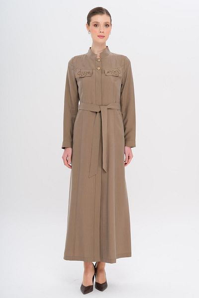 Olcay Judge Collar Bead and Processing Detailed Unlined Modal Top Coat A.Brown 6728