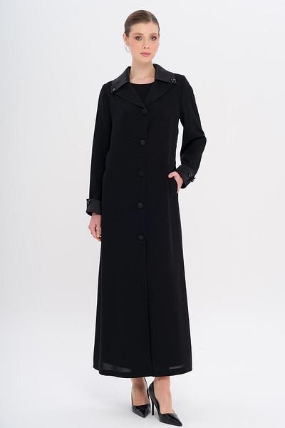 Olcay Top Collar Satin Garnished Stone Accessory Lined Large Size Top Coat Black 6718