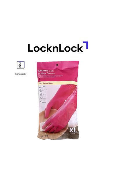 locknlock Pink Rubber Gloves XL (42cm): Non-Slip Grip, Comfortable Fit, Ideal for Household Cleaning