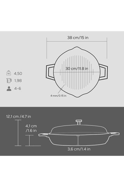 Lava Döküm Yuvarlak Izgara Tavası Cam Kapaklı Döküm Demir Yekpare Çift Kulplu Çap(Ø)30cm.