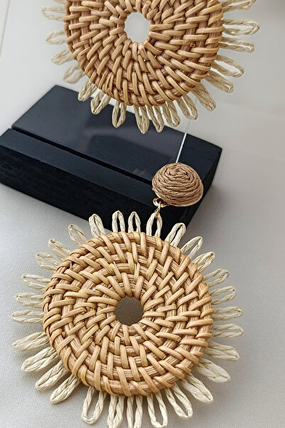 COSİTA Straw Water Drop Oversized Tassel Coffee Summer Dress Bag Combination Dangle Earrings