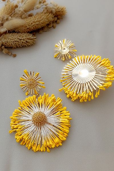 COSİTA Yellow Gold Summer Dress Combination Large Size Flower Figure Tassel Salad Earrings