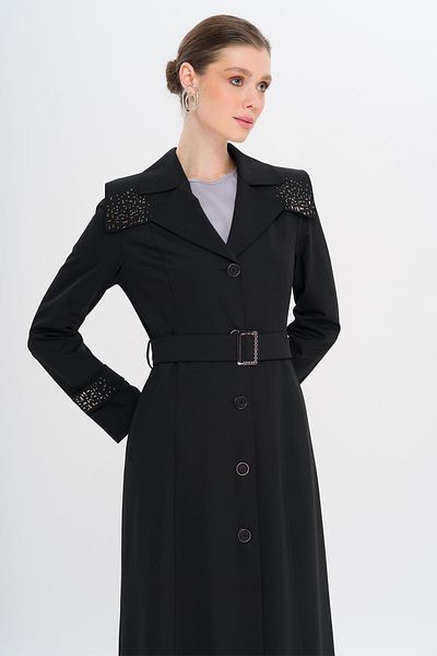 Olcay Cape and Sleeve Mouth Stone Detailed Lined Top Coat Black 6746