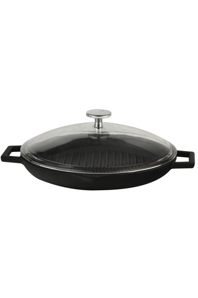 Lava Döküm Yuvarlak Izgara Tavası Cam Kapaklı Döküm Demir Yekpare Çift Kulplu Çap(Ø)30cm.