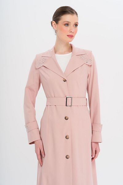 Olcay Cloak and Sleeve Mouth Stone Detailed Lined Top Coat Pudra 6746