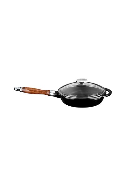 Lava 24cm Cast Round Frying Pan - Plug Wooden Handle with Glass Lid and Iron Sock