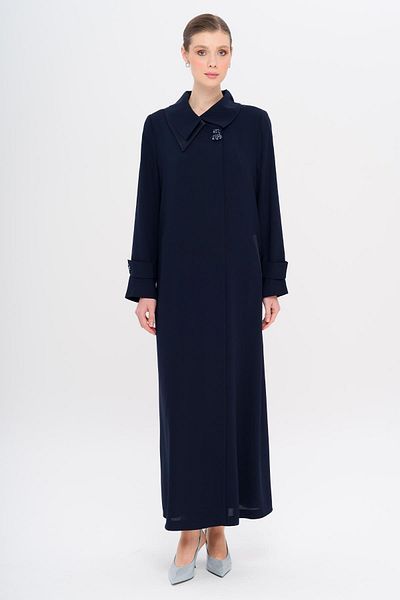 Olcay Handkerchief Collar Button Stoned Satin Detailed Lined Large Size Topcoat Dark Blue 6723