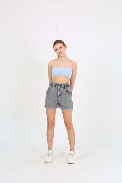 EDSA Blue Rope Strap Gathered Detailed Knitted Stretchy Women's Crop Tank Top