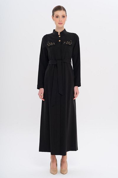 Olcay Judge Collar Bead and Processing Detailed Unlined Modal Top Coat Black 6728