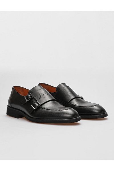 Cabani Genuine Leather Black Double Buckle Men's Classic Shoes