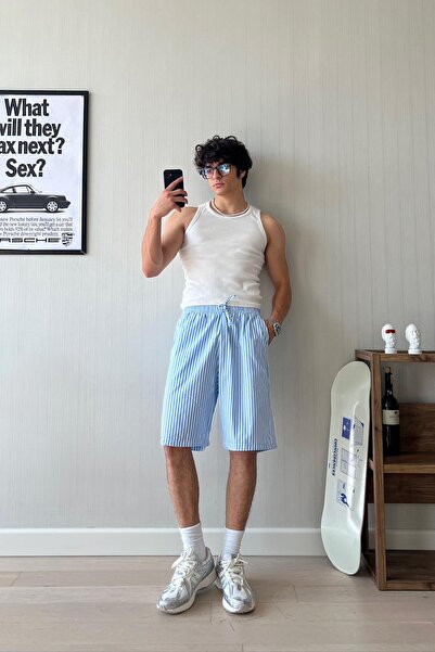 Flaw Wear PJ Vibe İnce Çizgili Mavi Poplin Şort