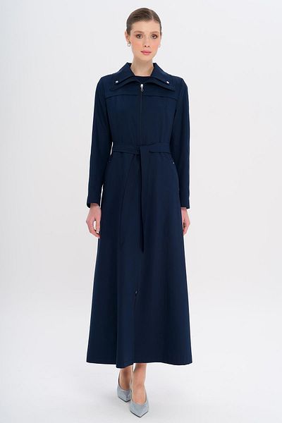 Olcay Zippered Lined Overcoat with Metal Accessories Dark Blue 6722