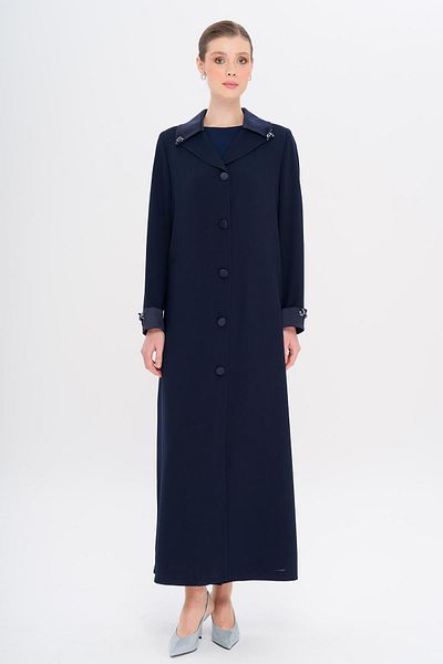 Olcay Top Collar Satin Garnished Stone Accessory Lined Large Size Top Coat Dark Blue 6718