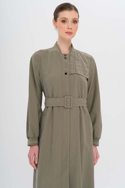 Olcay Ribbed Detailed Unlined Modal Top Coat Khaki 6744