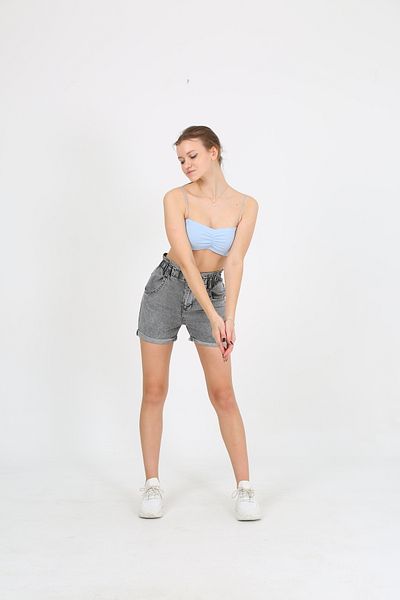 EDSA Blue Rope Strap Gathered Detailed Knitted Stretchy Women's Crop Tank Top
