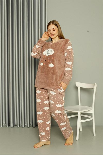 modaserdem Mdsrdm Welsoft Fleece Women's Plus Size Milk Coffee Pajamas Set 808044
