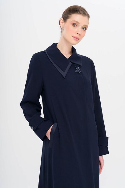 Olcay Handkerchief Collar Button Stoned Satin Detailed Lined Large Size Topcoat Dark Blue 6723