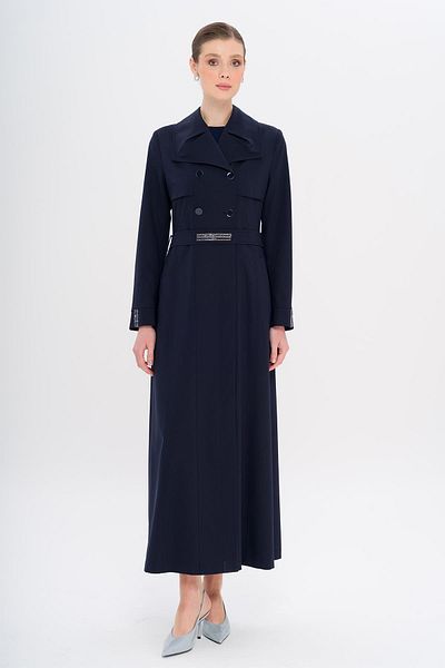 Olcay Handkerchief Collar Stone and Bead Detailed Lined Overcoat Dark Blue 6753