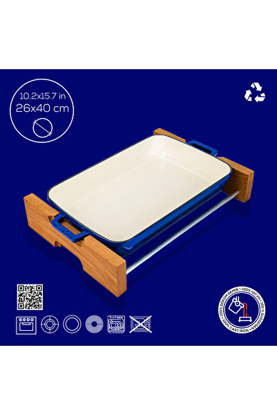 Lava Cast Iron Rectangular Roasting Pan and Baking Tray Beech Serving Wood Edition Series Size 26X40