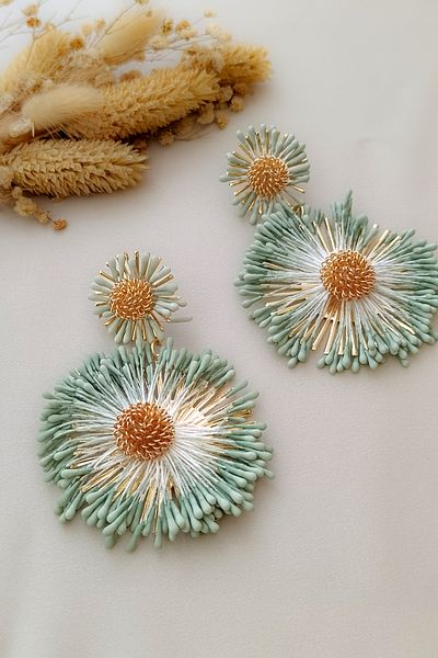 COSİTA Green Gold Summer Dress Combination Large Size Flower Figure Tassel Salad Earrings
