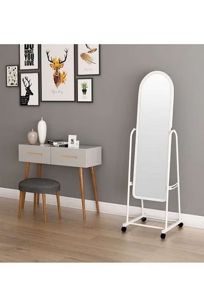 Primo Plus Full Length Glass Standing Mirror with Adjustable Stand and Wheels White