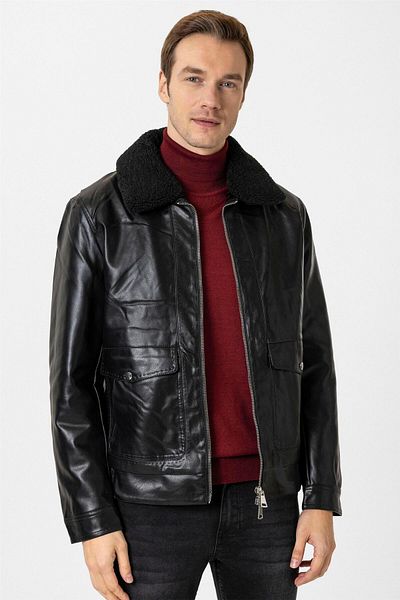SÜVARİ Мъжко палто Süvari Slim Fit с яка от кожа и подплата от пух, черно