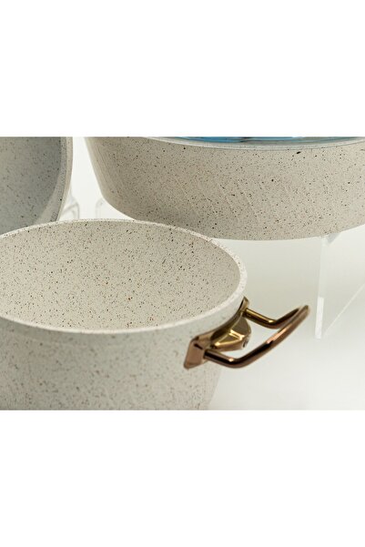 Bonera Milena 7-Piece Snow White Granite - Rose Gold Handle Detailed Cookware & Pan Set