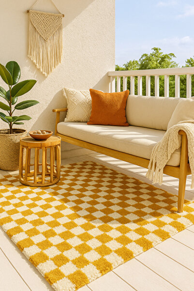 EUROBANO Dama Desenli Chess Kareli Kemik-hardal Salon Oturma Odası Yatak Odası Koridor Makine Halısı Yolluk