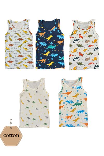 MADALİNA Boy's 95% Cotton Navy Blue Dinosaur Pattern 5-Piece Undershirt
