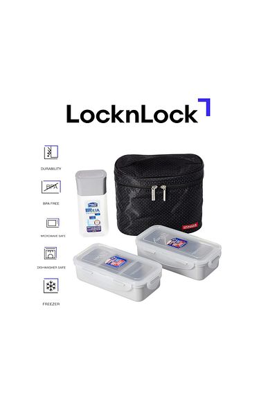 locknlock 3PC Insulated Lunch Bag Set - Black, Airtight and BPA-Free Containers with Water Bottle