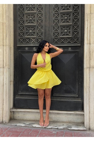 Love Fab Boyundan Baglamalı Degaje Yaka Sırt İp Dekolteli Kat Kat Şortlu Tulum Elbise