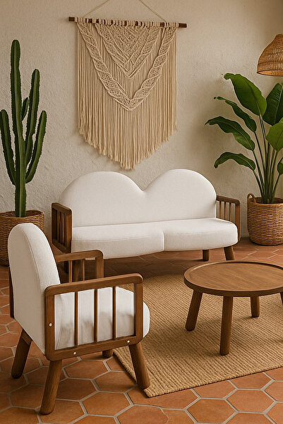 Zem Tosca Bohem Çay Seti Ceviz Ahşap, Kırık Beyaz (1 ADET IKİLİ BERJER 1 ADET...