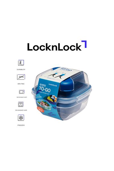 locknlock Lock & Lock To-Go 2-in-1 Salad Box Blue - Leak-Proof, BPA-Free Container with Removable Divider