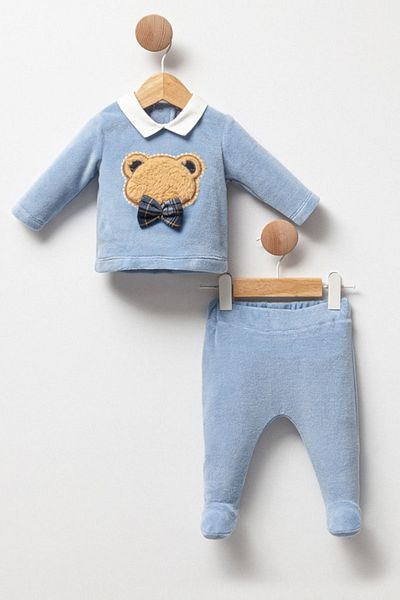 Cassiope Curly Bear Themed 2-Piece Set for Baby Boy - Soft Touch Bow and Booties Bottom-Top Set