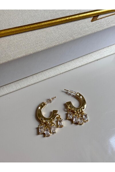 LEROSY CO. Altın Kaplama Baget Taşlı Sallantılı Halka Çelik Küpe