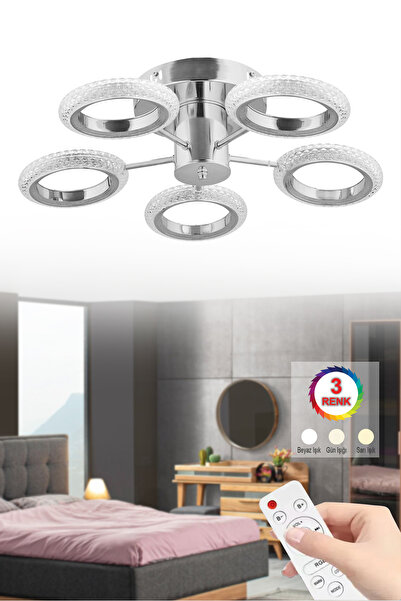 İstanbul Avize İstanbul Avize Halka Plafonyer Tavan Gümüş 5'li Kumandalı 3 Renk Led Lüx Modern Ledli Avize