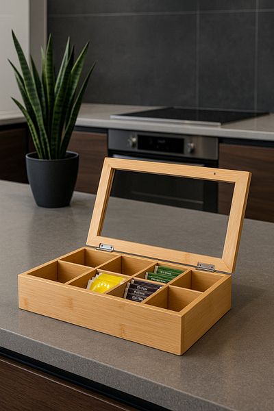 GÖNÜL 8 Compartments Bamboo Bag Tea Box Bamboo Organizer Box Jewelry Accessory Box